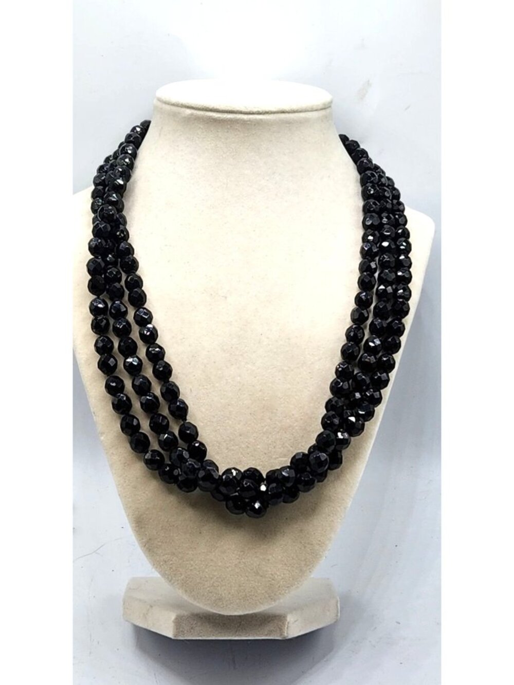 Vintage Multi-Strand Faceted Black Bead Necklace With Silver-Tone Clasp